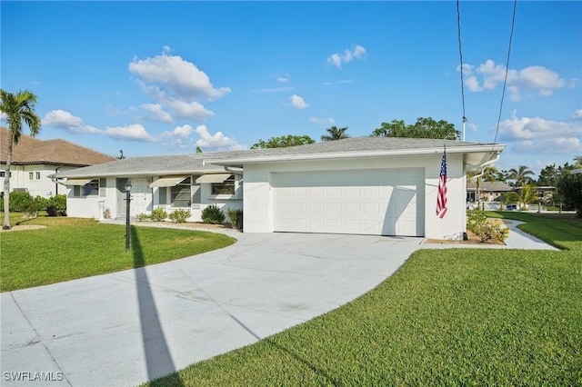 ranch-style home with a front lawn and a garage