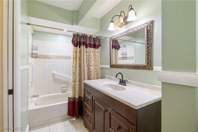 bathroom featuring tile patterned flooring, vanity, and shower / bath combination with curtain