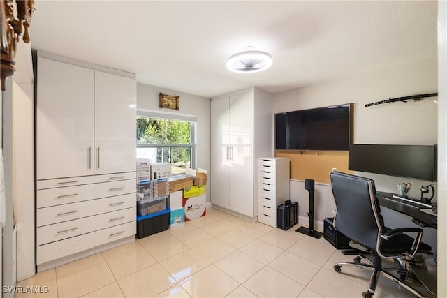 home office with light tile patterned floors