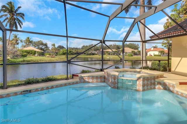 view of swimming pool featuring an in ground hot tub, a water view, and a lanai