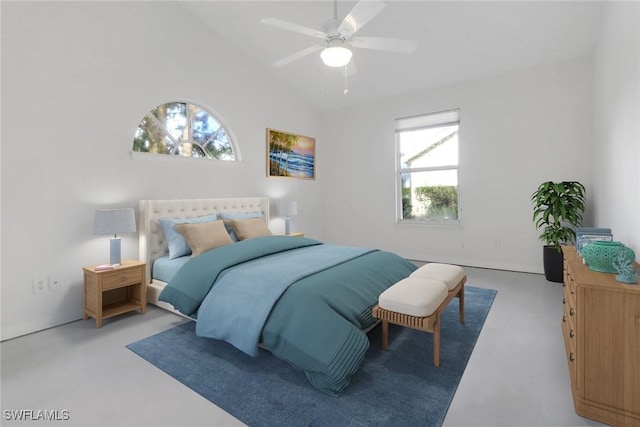 bedroom featuring ceiling fan and lofted ceiling