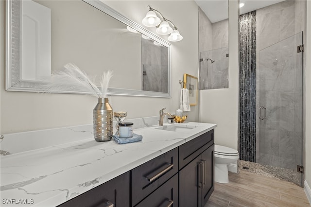 bathroom with vanity, toilet, and walk in shower