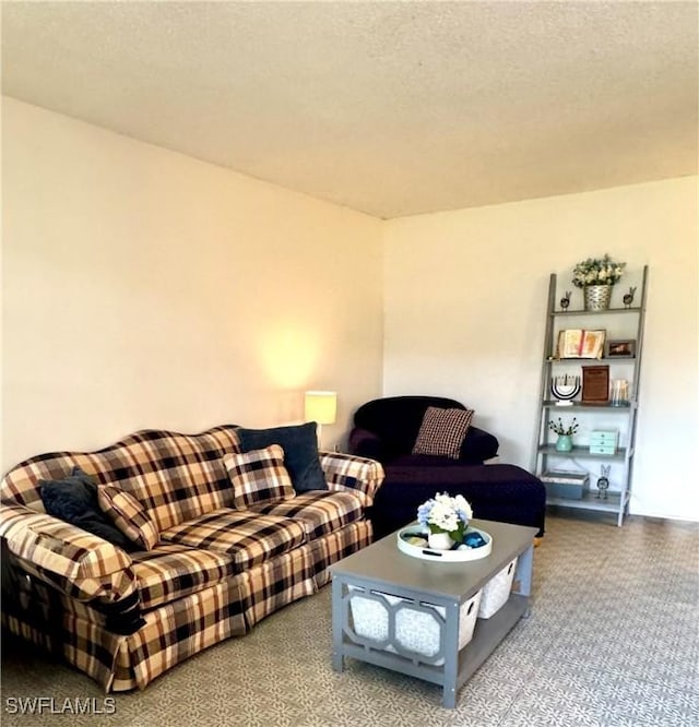 living room with a textured ceiling