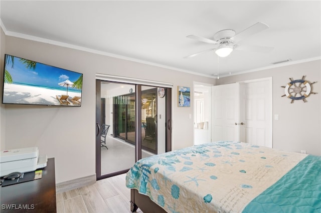 bedroom featuring access to exterior, ceiling fan, and ornamental molding