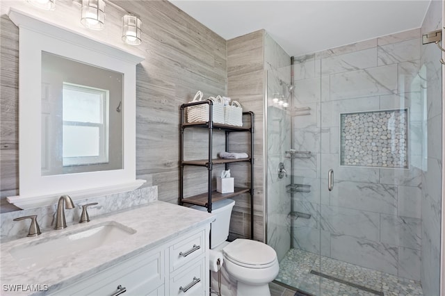 bathroom featuring vanity, toilet, and a shower with shower door