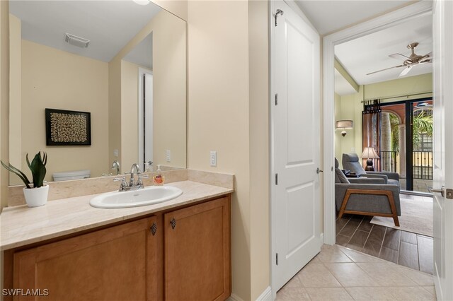 bathroom with tile patterned floors, ceiling fan, vanity, and toilet