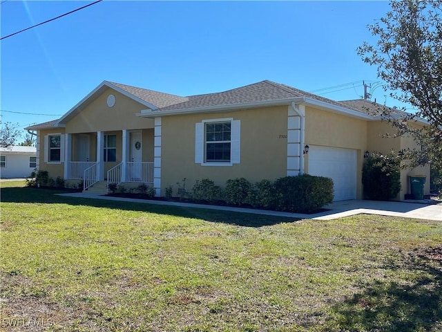 ranch-style home with a porch, a garage, and a front lawn