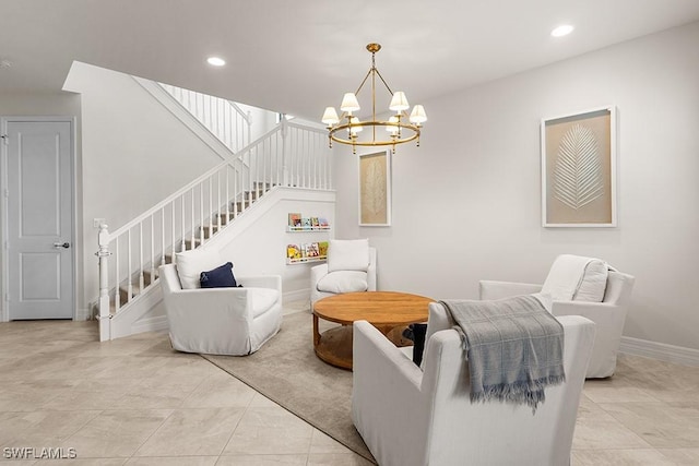 tiled living room with an inviting chandelier