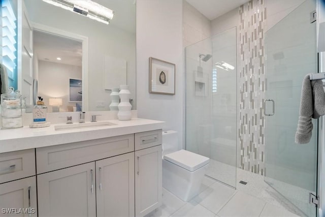 bathroom with tile patterned floors, vanity, toilet, and a shower with door