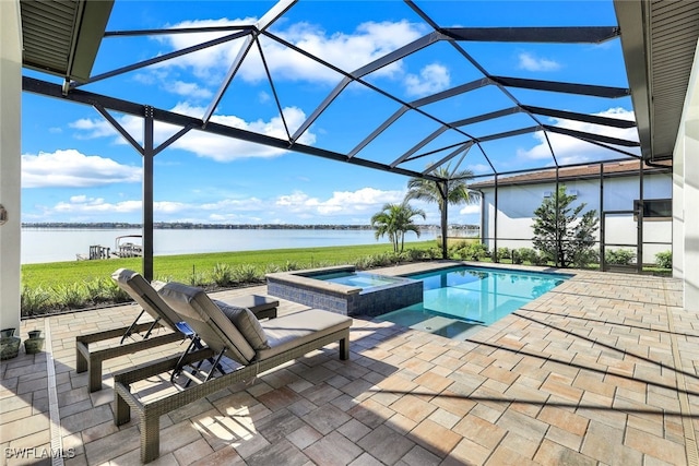 view of pool with a lanai, a water view, an in ground hot tub, and a patio