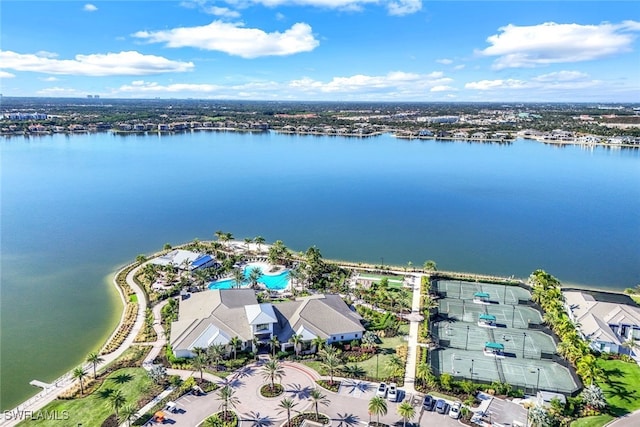 bird's eye view with a water view