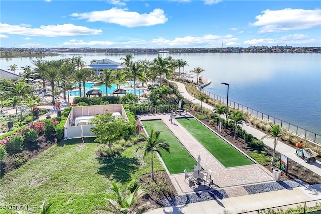 drone / aerial view featuring a water view