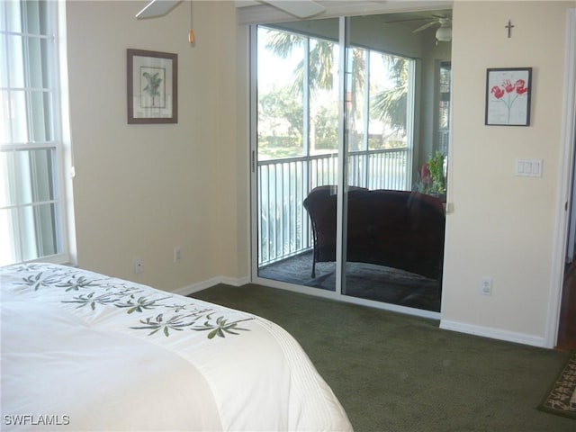 bedroom featuring dark colored carpet, access to outside, and ceiling fan