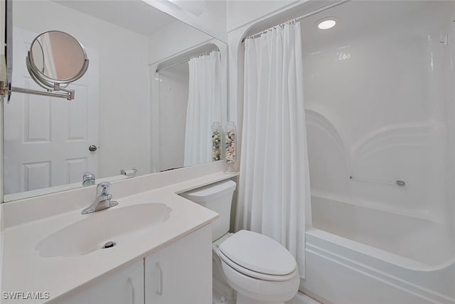 full bath with toilet, vanity, and shower / bathtub combination with curtain