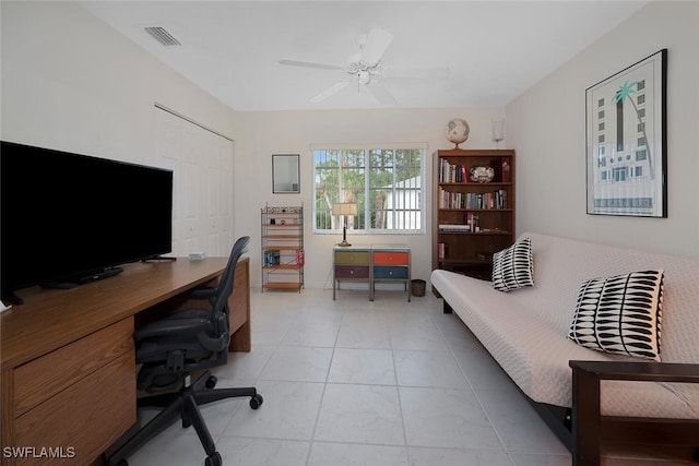 office featuring visible vents and ceiling fan