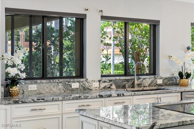 interior space with white cabinetry, sink, and light stone counters