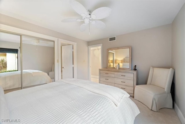 bedroom with ceiling fan and carpet floors