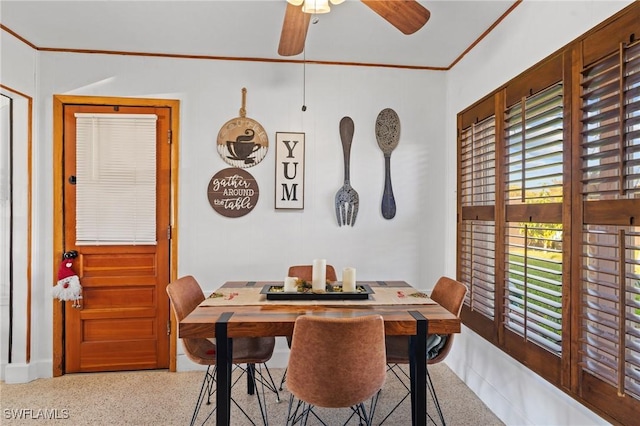 dining area with ceiling fan and ornamental molding