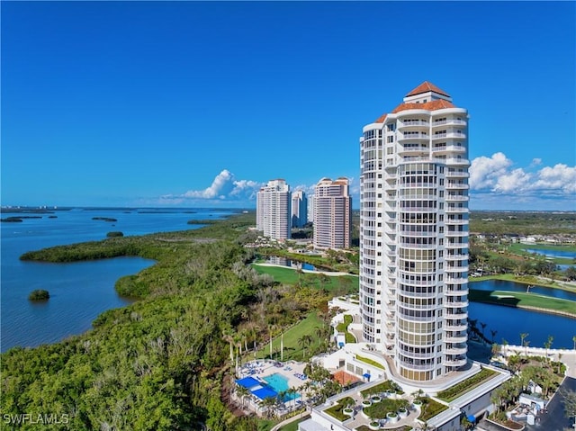 drone / aerial view featuring a water view