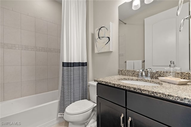 full bathroom featuring vanity, toilet, and shower / bathtub combination with curtain