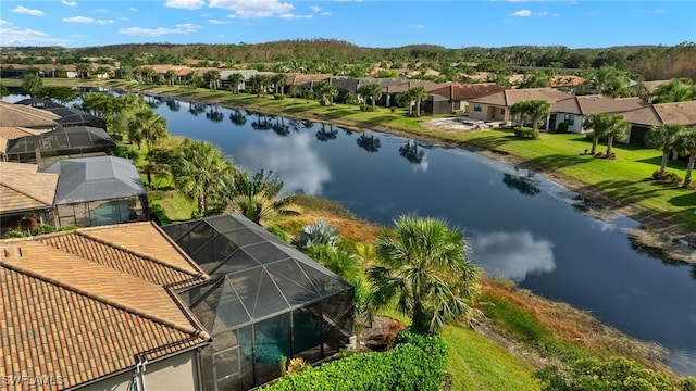 aerial view featuring a water view