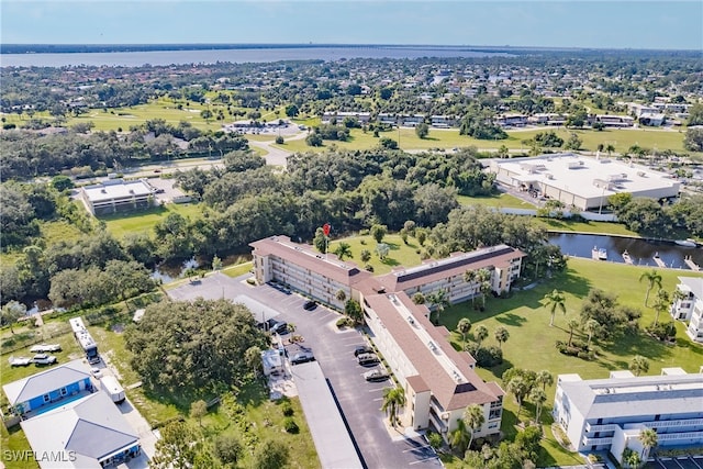 bird's eye view with a water view