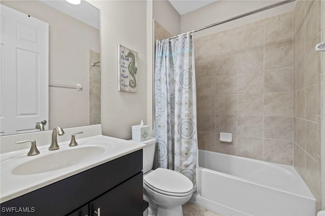 full bathroom with shower / bath combination with curtain, vanity, and toilet