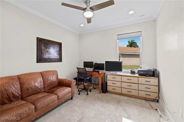 office space featuring ceiling fan and crown molding