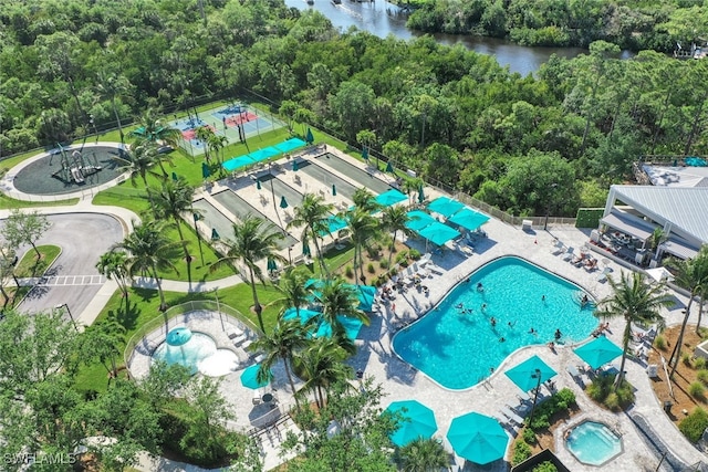 drone / aerial view featuring a water view