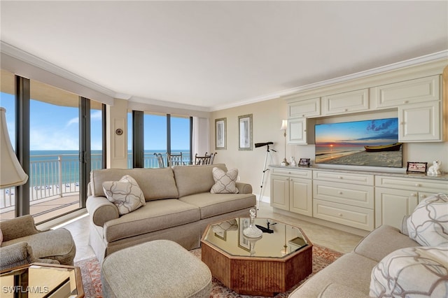 living room with ornamental molding, floor to ceiling windows, and a water view