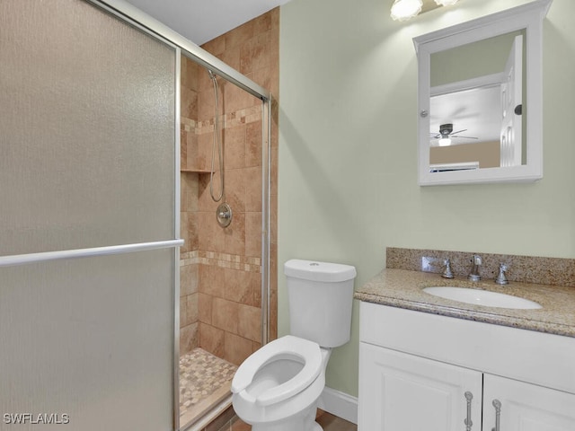 bathroom with vanity, toilet, walk in shower, and ceiling fan