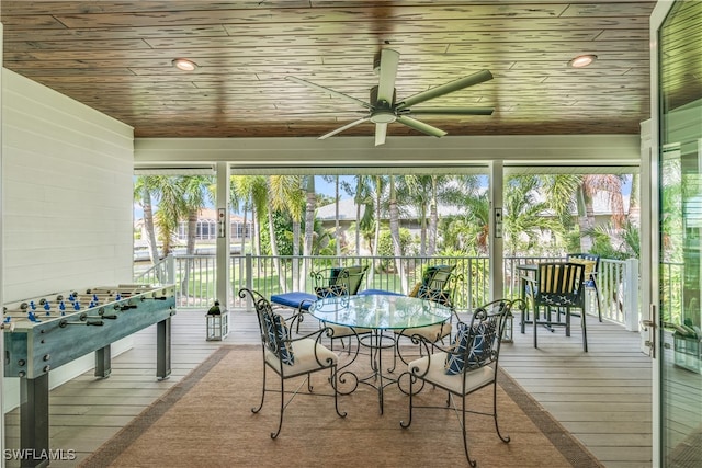 sunroom / solarium featuring ceiling fan, wooden ceiling, and a wealth of natural light