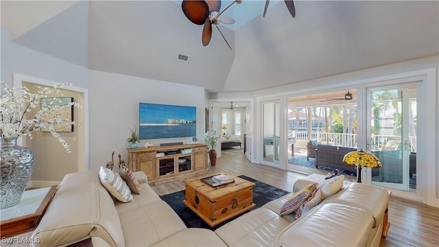 living room featuring high vaulted ceiling, visible vents, ceiling fan, and wood finished floors