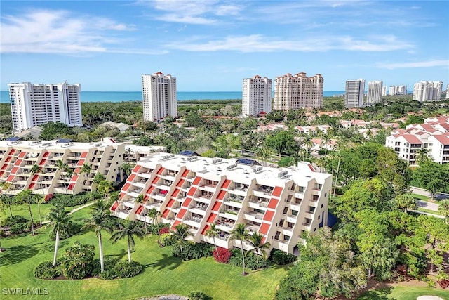 bird's eye view with a water view