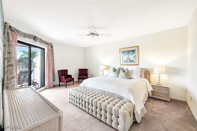 bedroom featuring ceiling fan, light carpet, and access to outside