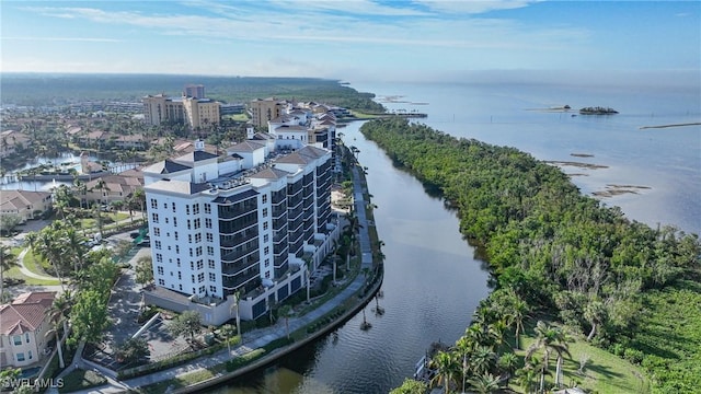 drone / aerial view with a water view