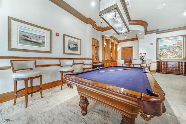 game room featuring ornamental molding, light carpet, and pool table