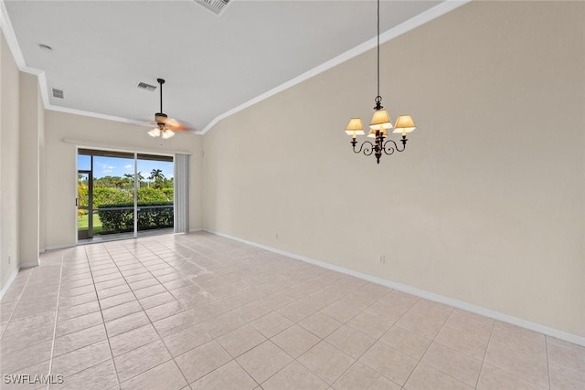 tiled spare room featuring ceiling fan with notable chandelier and ornamental molding