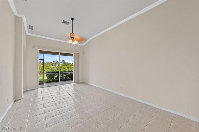 unfurnished room with ceiling fan, light tile patterned flooring, and ornamental molding