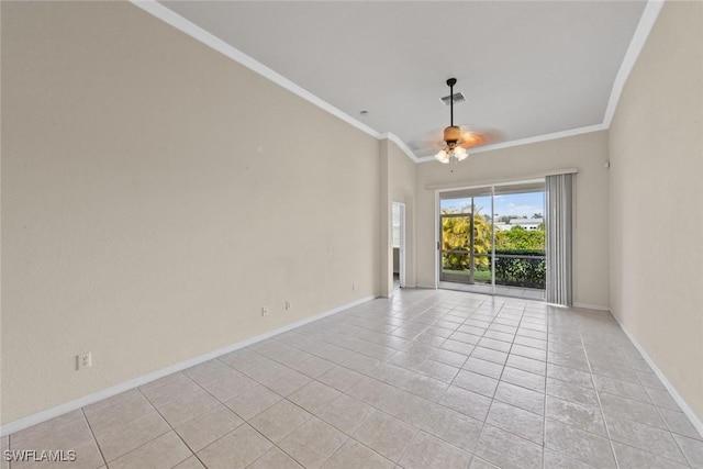 unfurnished room with ceiling fan, light tile patterned flooring, and crown molding