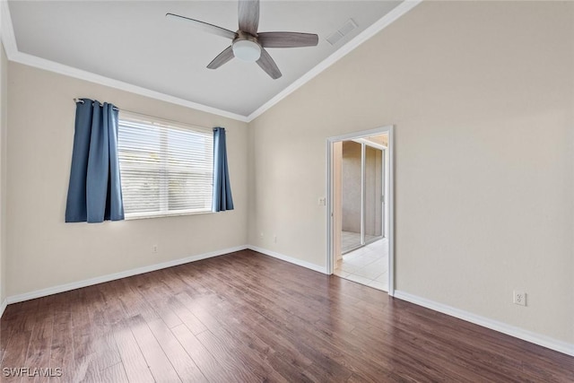 empty room with ornamental molding, hardwood / wood-style flooring, ceiling fan, and lofted ceiling