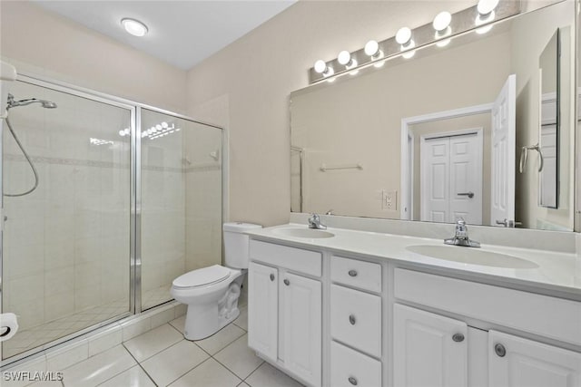 bathroom with tile patterned flooring, vanity, toilet, and a shower with door