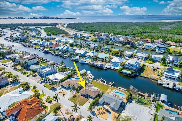 drone / aerial view featuring a water view