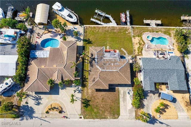 aerial view featuring a water view