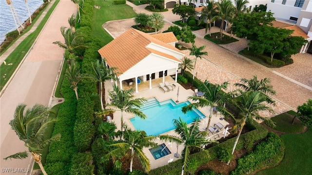 drone / aerial view featuring a water view