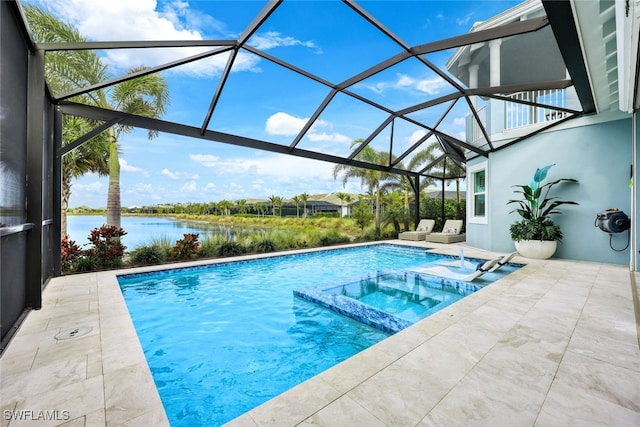 view of swimming pool with a patio area, a lanai, a pool with connected hot tub, and a water view