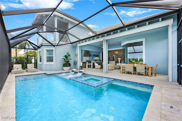 view of swimming pool with an outdoor living space, a pool with connected hot tub, and a patio