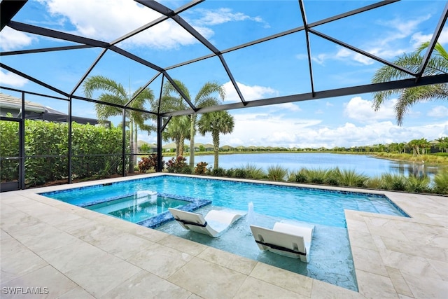 view of swimming pool with glass enclosure, a patio, a water view, and a pool with connected hot tub