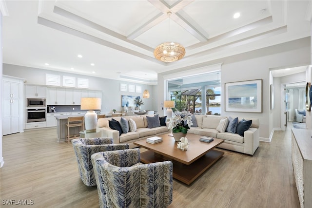 living area featuring beamed ceiling, recessed lighting, coffered ceiling, and light wood-type flooring