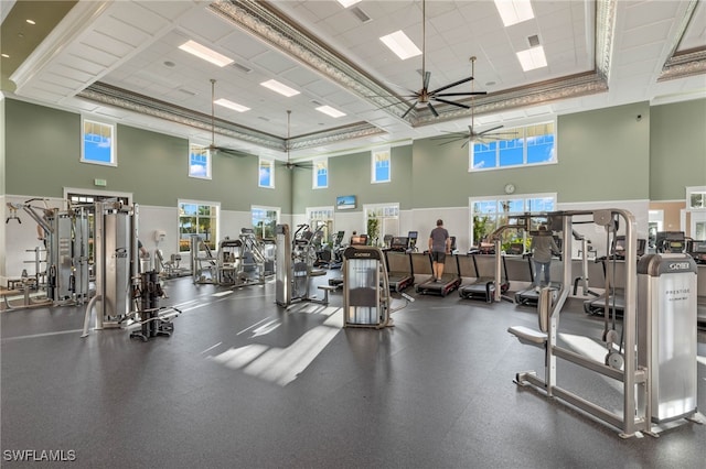 exercise room featuring a ceiling fan and crown molding